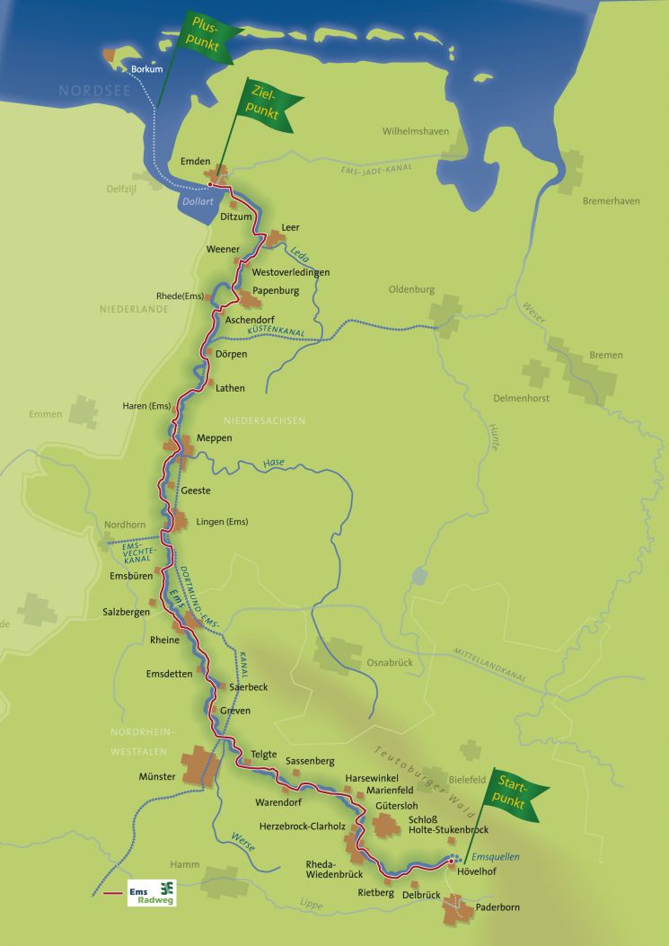 Karte EmsRadweg mit Startpunkt - Zielpunkt - Pluspunkt